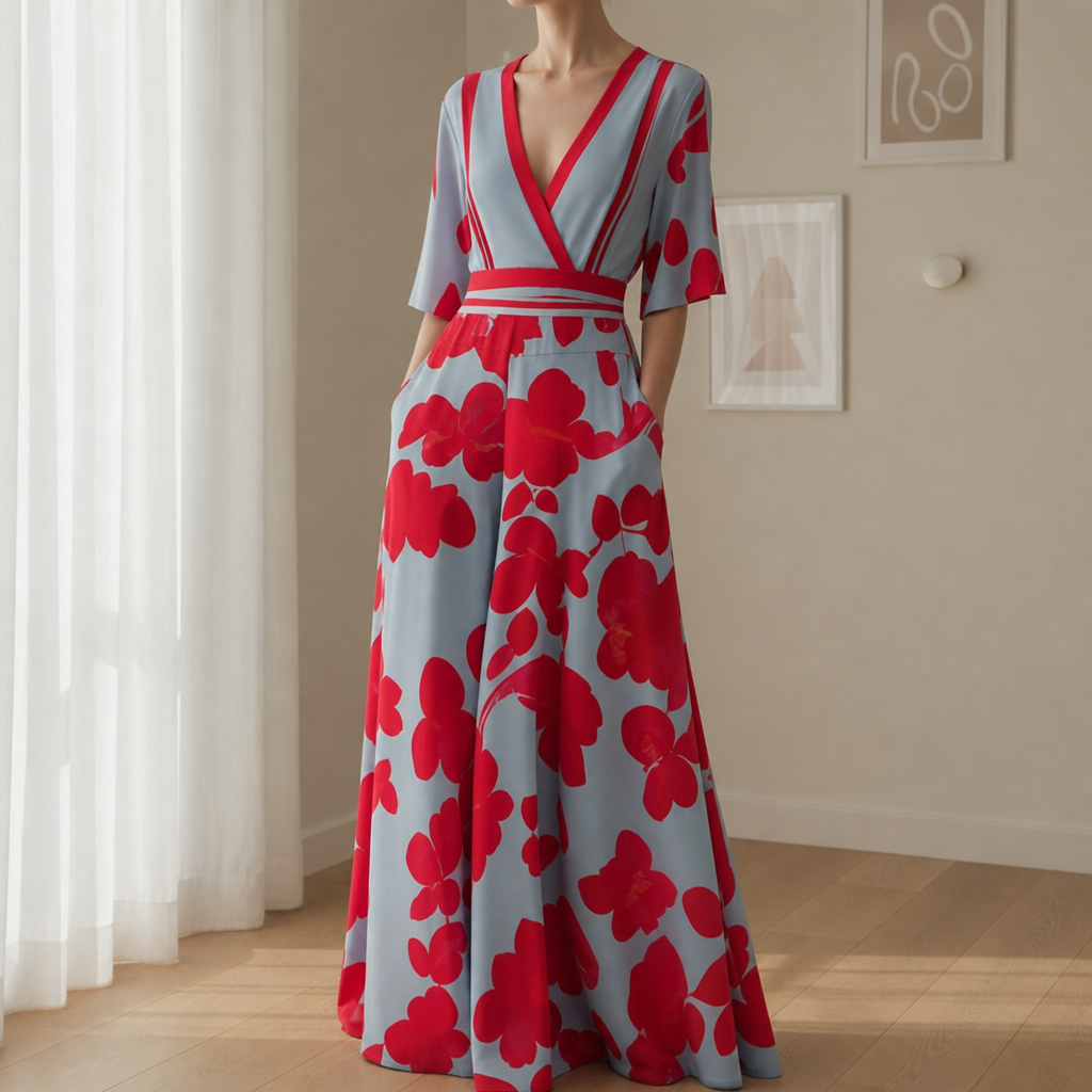 Ierapetra Floral V-Neck Maxi Dress in Floral Red and Blue