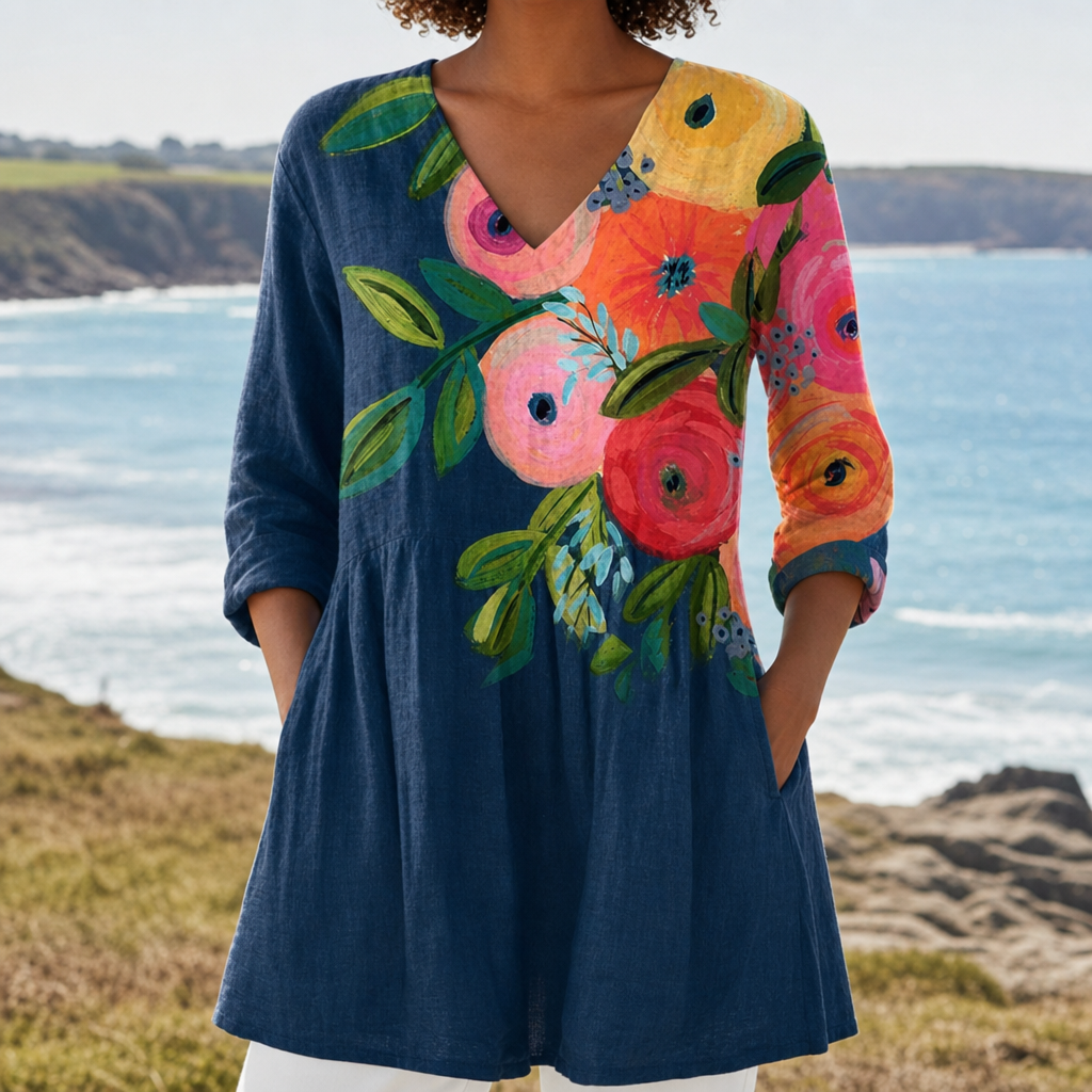Portovenere Floral V-Neck Tunic in Floral Blue