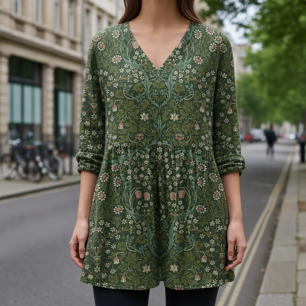 Menerbes Vintage Floral Tunic Top in Floral Green
