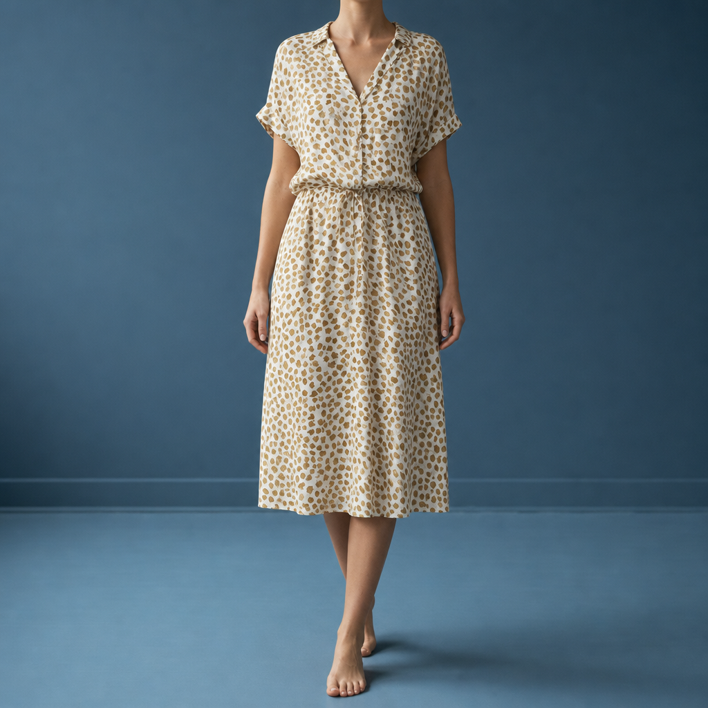 Figueres Spotted Print Midi Dress in Beige