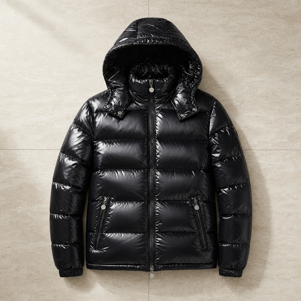 Carcassonne Glossy Hooded Puffer Jacket in Black