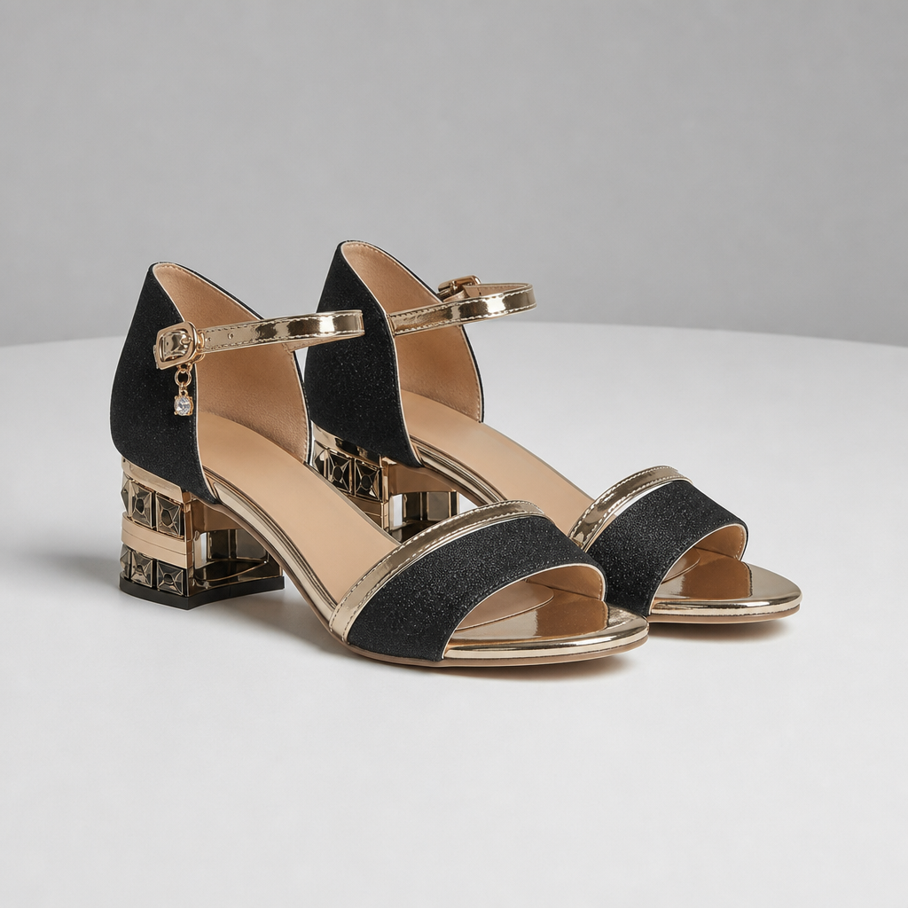 Estoril Glitter Block Heel Sandals in Black