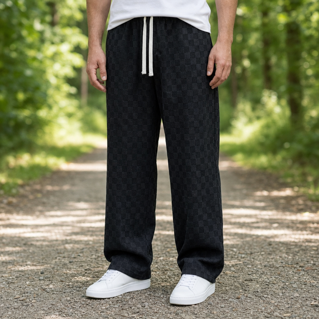 Lucca Checkered Corduroy Sweatpants in Black