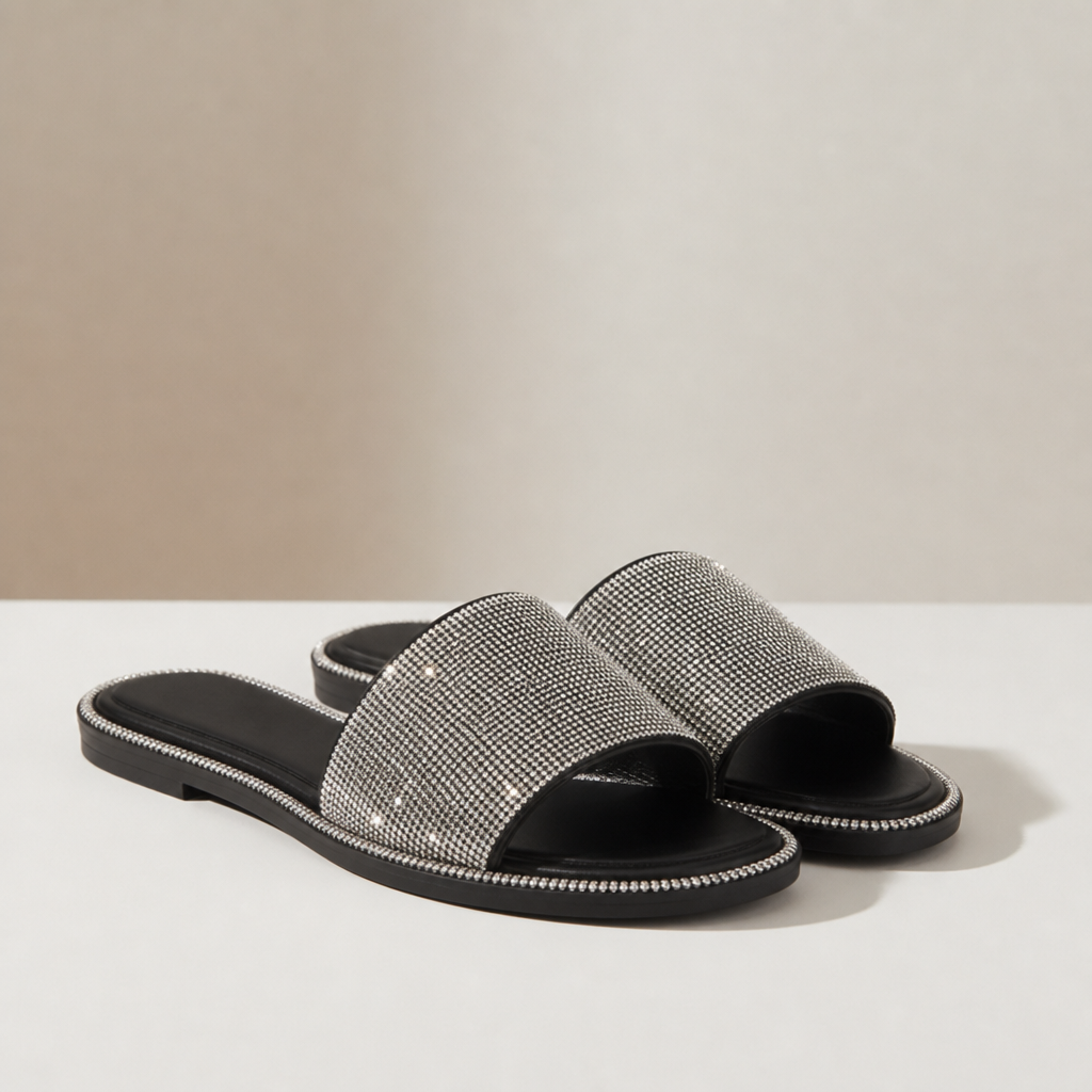 Kythnos Rhinestone Slide Sandals in Black