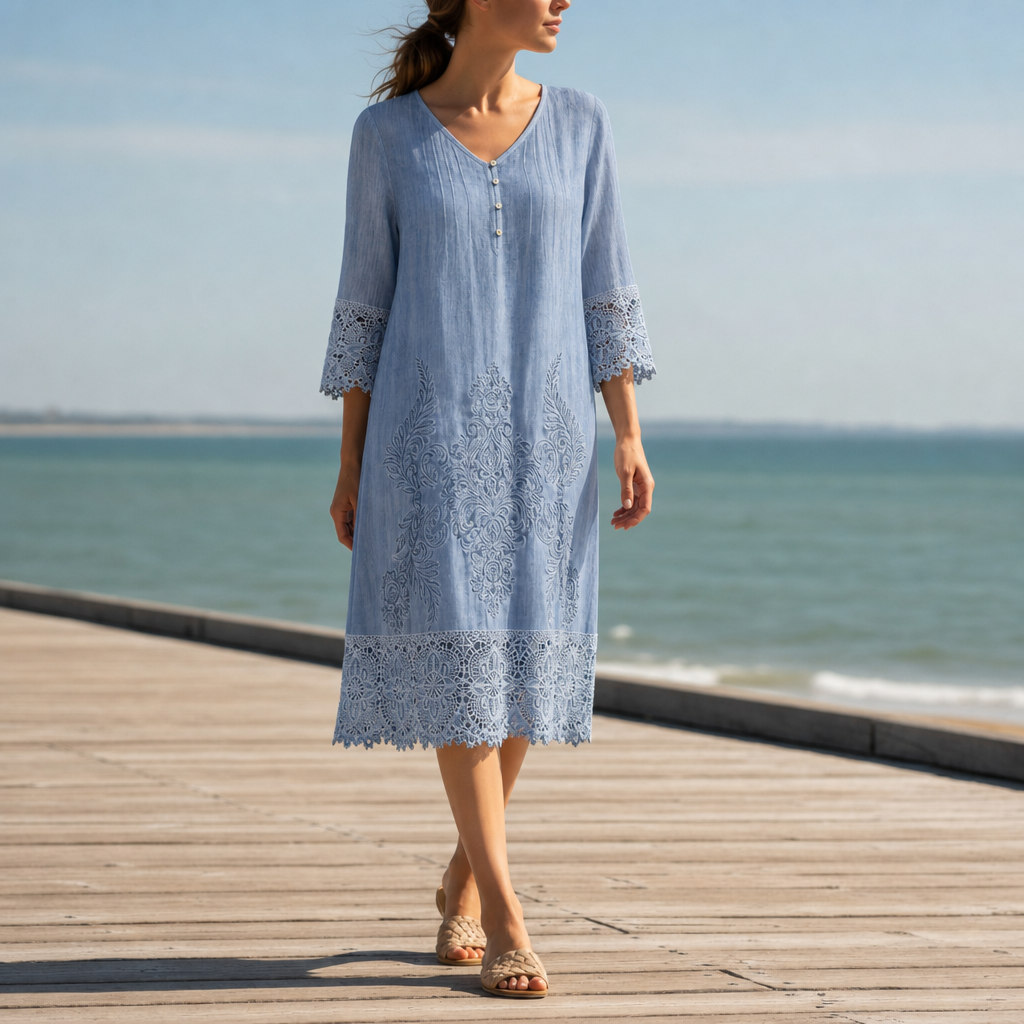 Lourmarin Lace Trim Boho Dress in Blue
