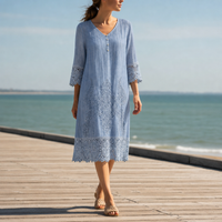 Lourmarin Lace Trim Boho Dress in Blue