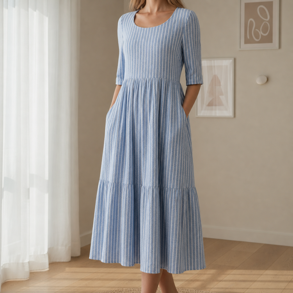 Zadar Striped Pleated Midi Dress in Blue