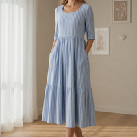 Zadar Striped Pleated Midi Dress in Blue