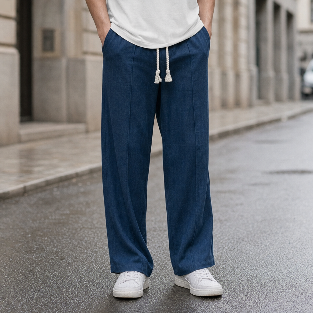 Uzes Linen Drawstring Trousers in Blue