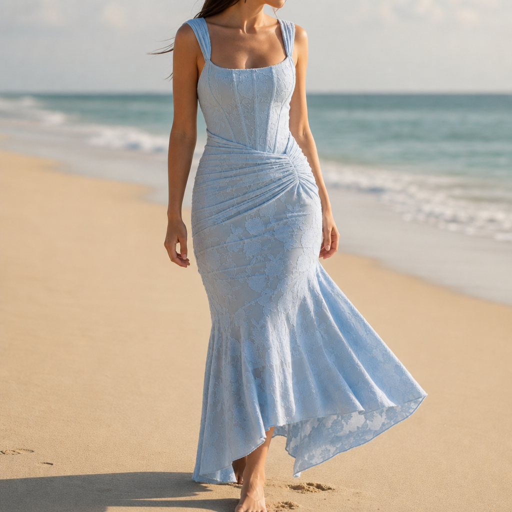Figueres Lace Hi-Low Mermaid Dress in Blue