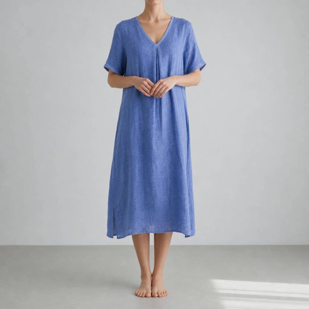 Kyrenia Relaxed Linen Midi Dress in Blue