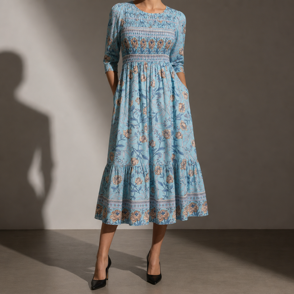 Calpe Smocked Floral Midi Dress in Blue