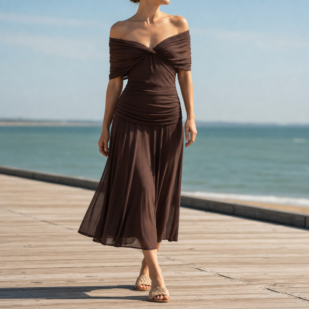 Nazare Floral Off-Shoulder Midi Dress in Brown