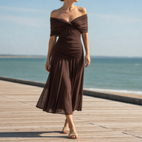 Nazare Floral Off-Shoulder Midi Dress in Brown