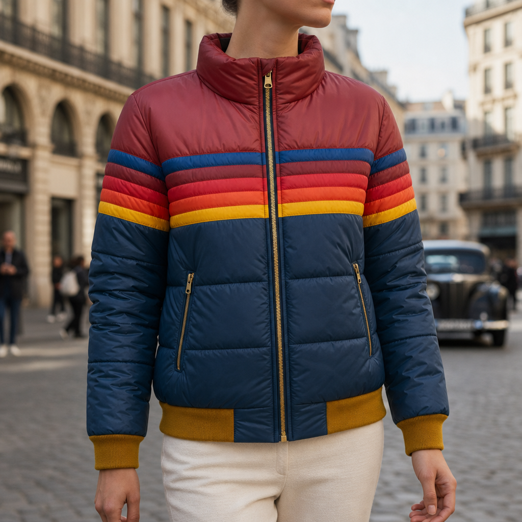 Trani Retro Stripe Puffer Jacket in Dark Blue