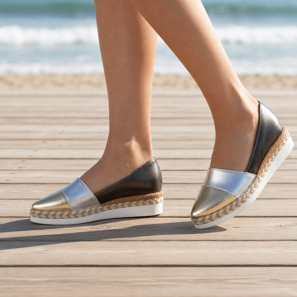 Volterra Metallic Espadrille Wedge Loafers in Dark Gold