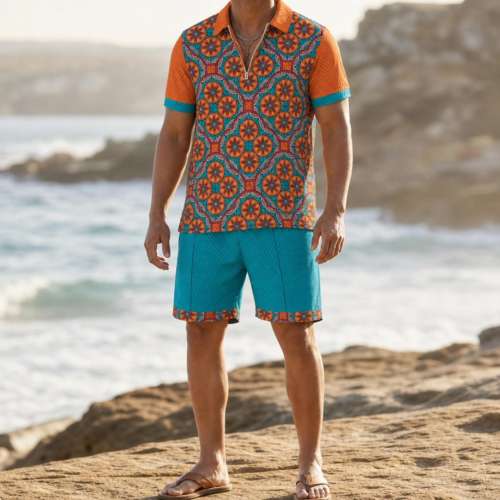 Mantova Printed Polo Co-Ord Set in Teal/Orange