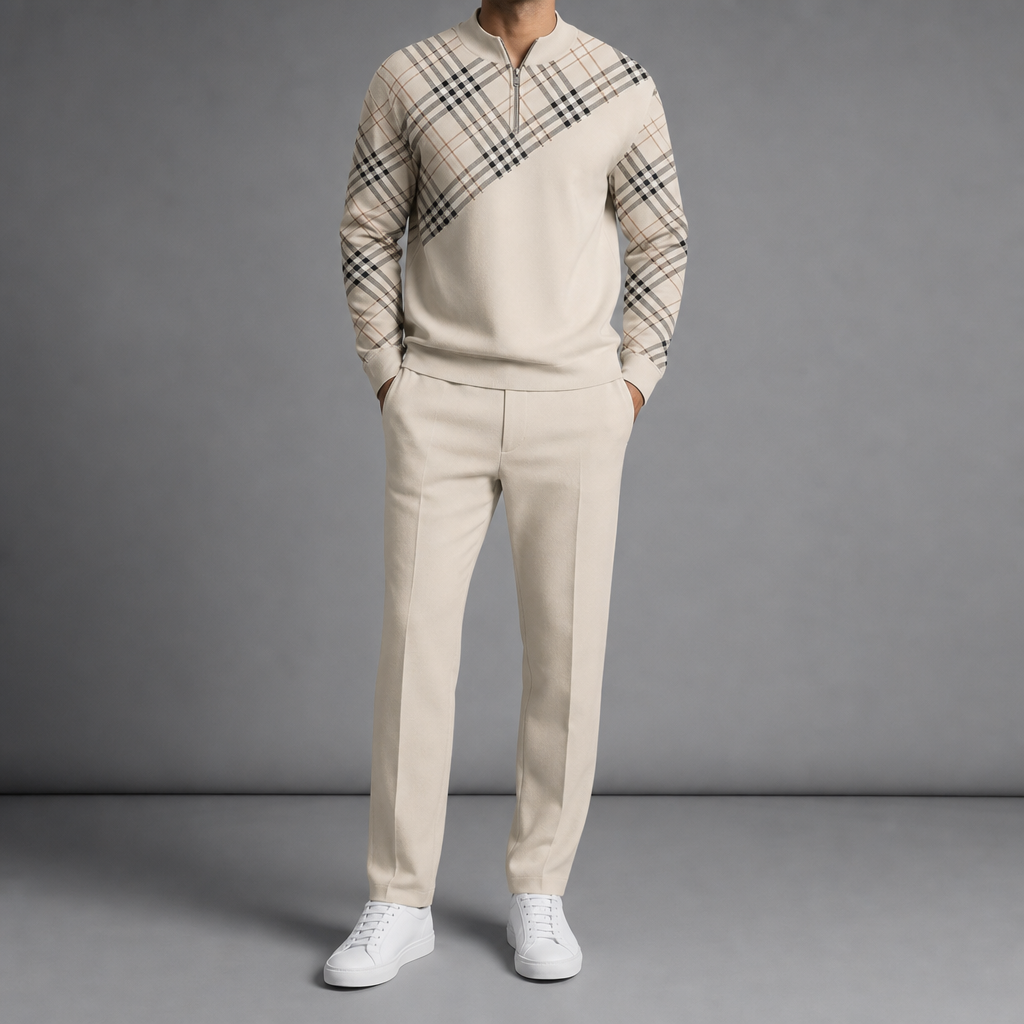 Gaeta Plaid Zip Two-Piece Set in Beige