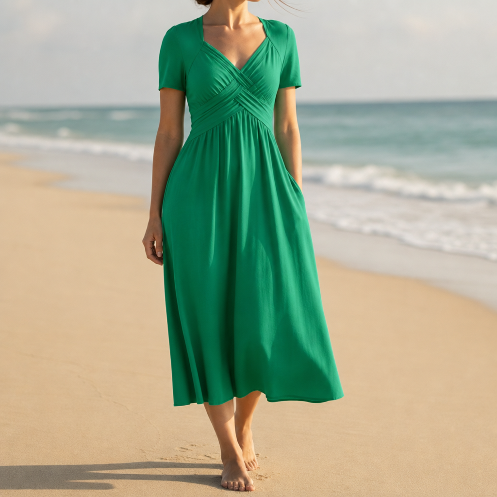 Ajaccio Ruched V-Neck Midi Dress in Green