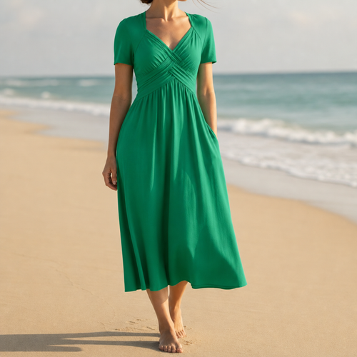 Ajaccio Ruched V-Neck Midi Dress in Green