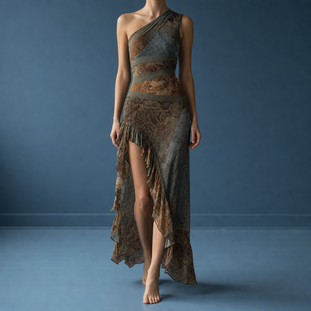 Sete Printed One-Shoulder Maxi Dress in Gray