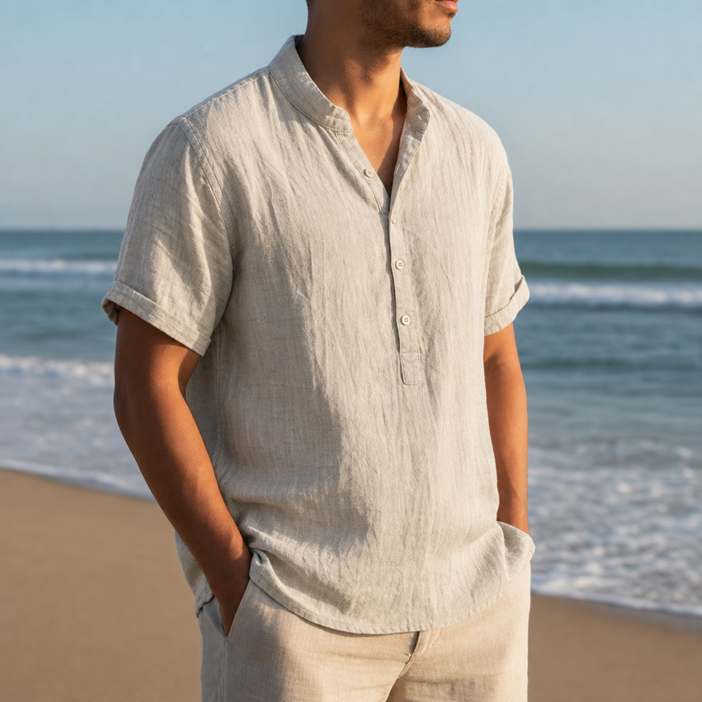Toledo Linen Henley Shirt in Khaki