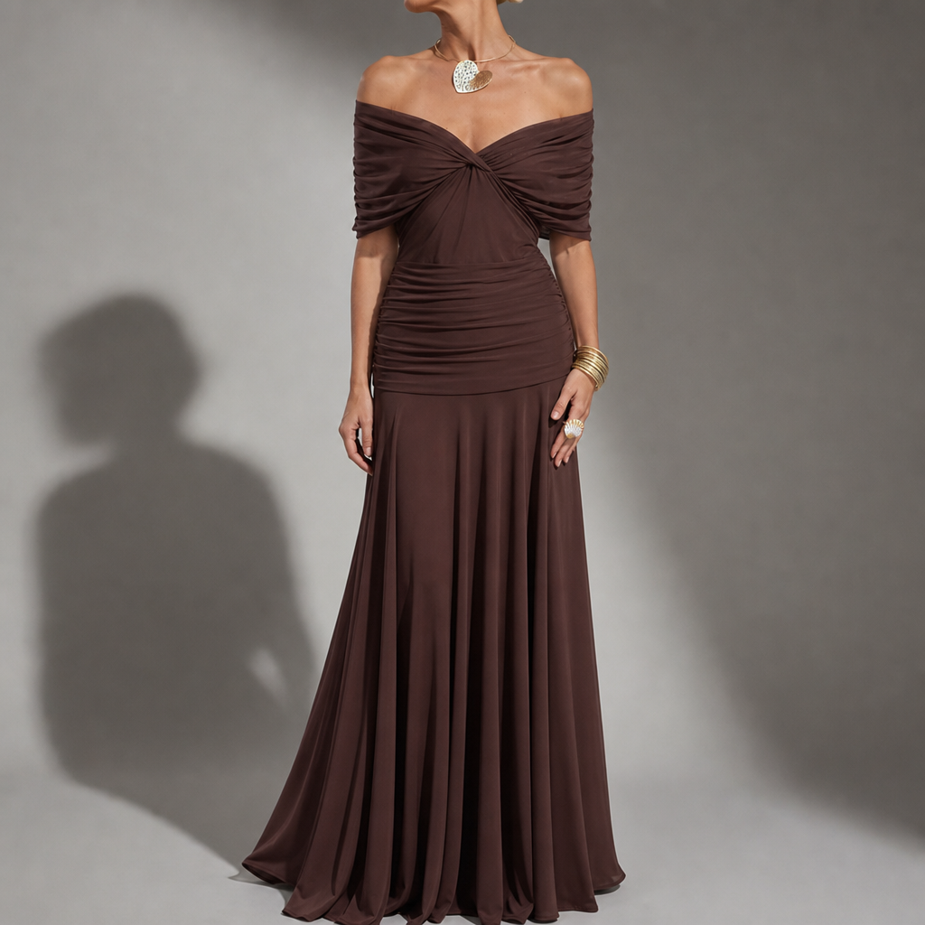 Astypalaia Off-Shoulder Ruched Maxi Dress in Marron