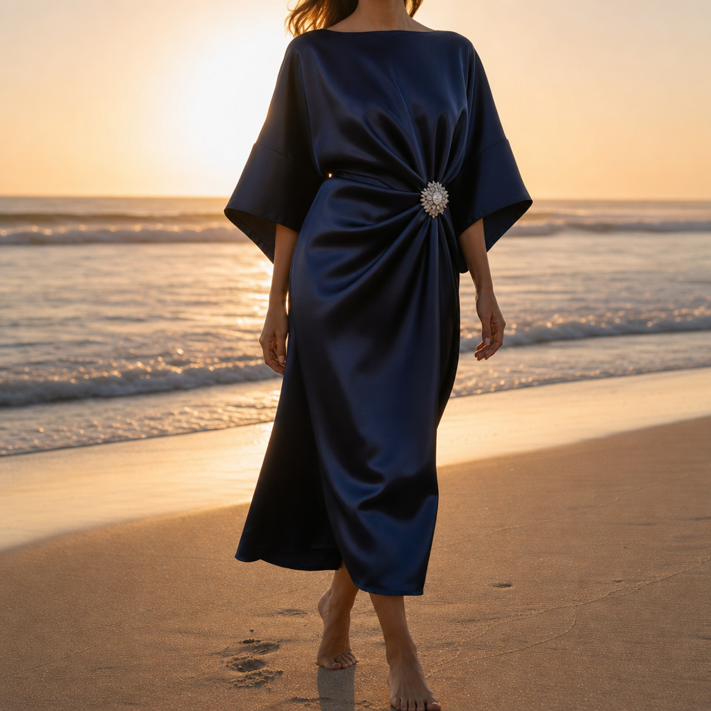 Montalcino Satin Batwing Midi Dress in Midnight Blue