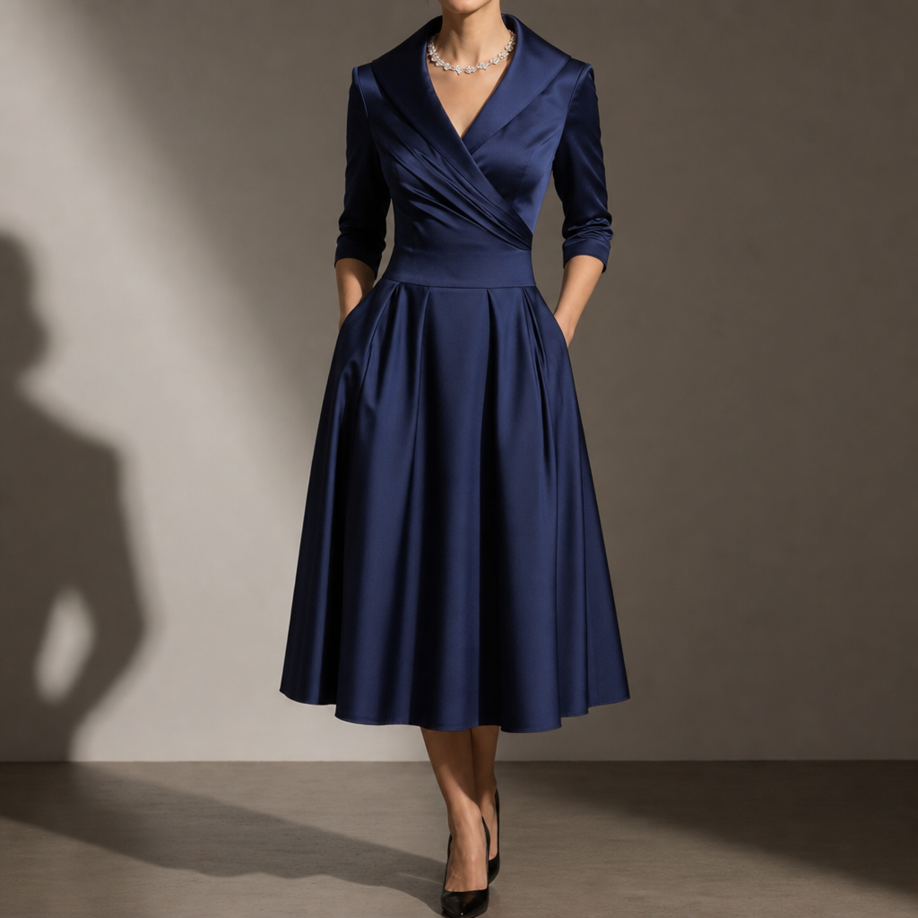 Skyros Elegant Satin Midi Dress in Navy Blue
