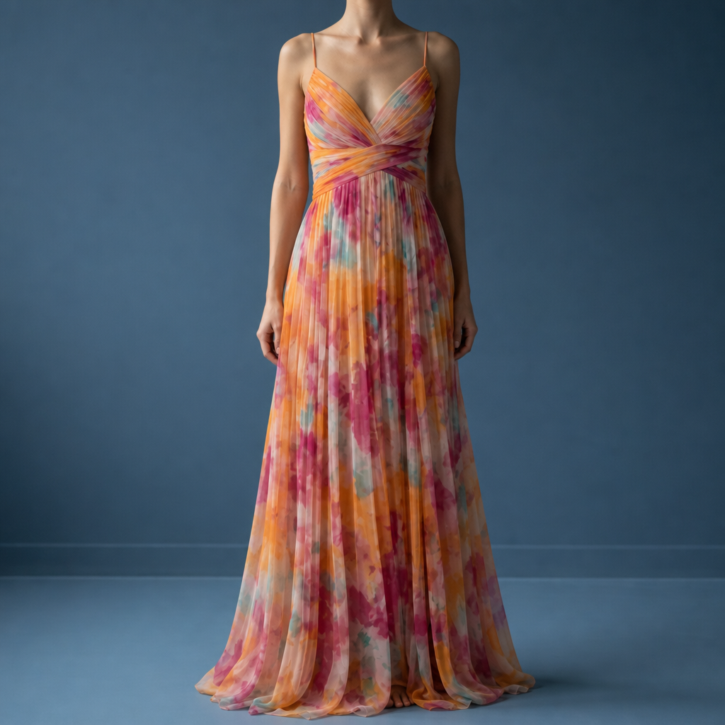 Formentera Floral Chiffon Maxi Dress in Orange
