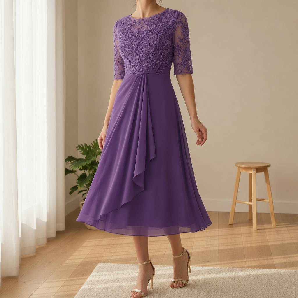 Cadiz Lace Chiffon Midi Dress in Purple