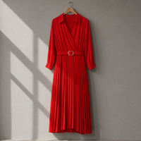 Monsanto Belted Pleated Midi Dress in Red