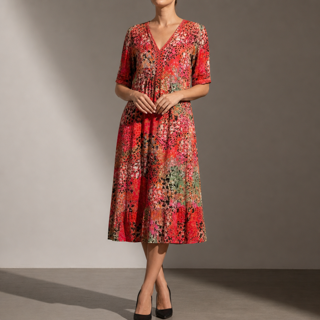 Gordes Floral Print Midi Dress in Red