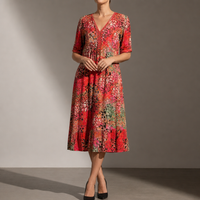 Gordes Floral Print Midi Dress in Red