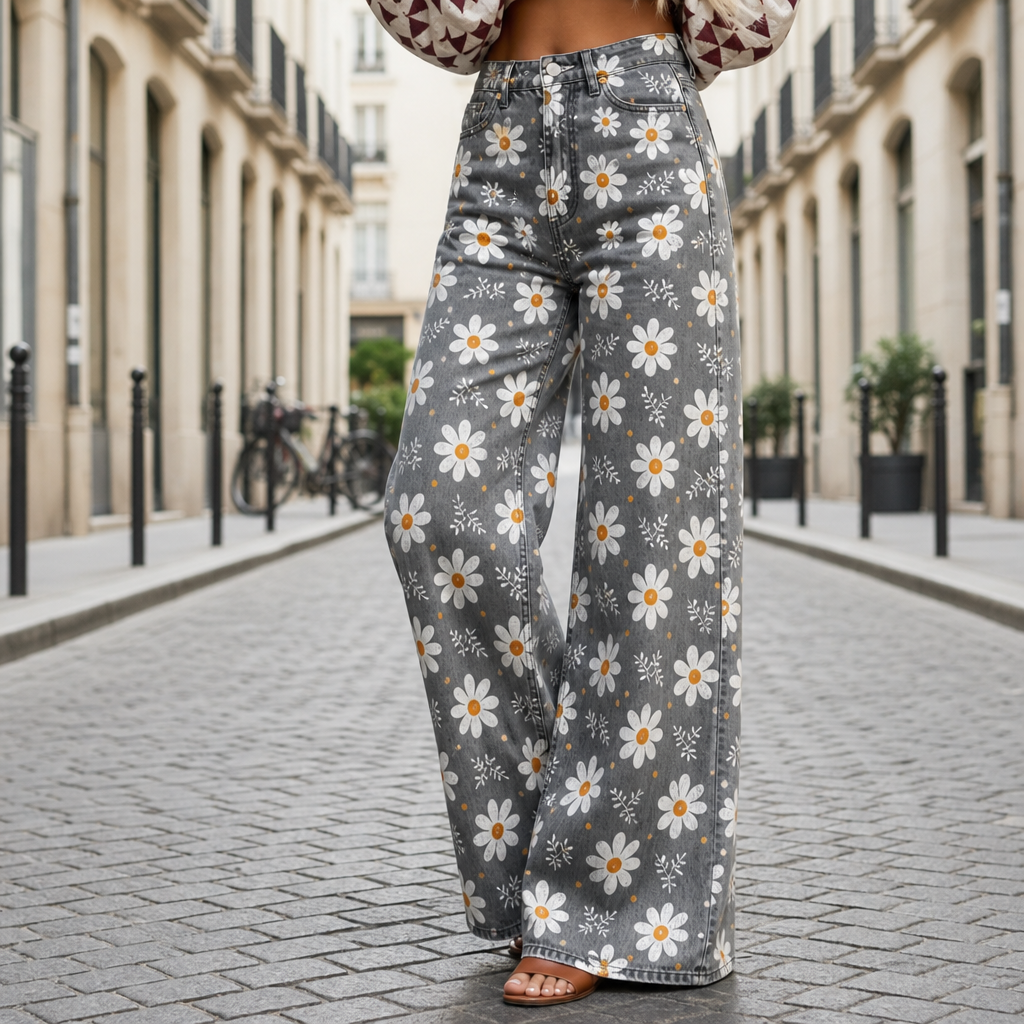 Comino Floral Wide-Leg Jeans in White Flower