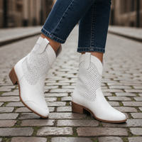 Tinos Perforated Western Cowboy Boots in White