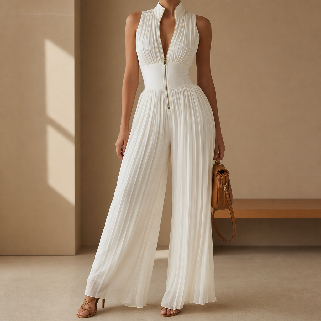 Lacoste Pleated Chiffon Wide-Leg Jumpsuit in White