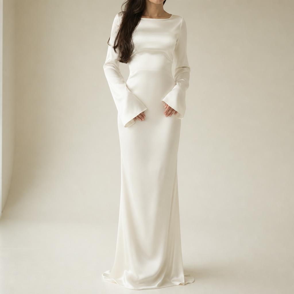 Mljet Satin Flare Sleeve Gown in White