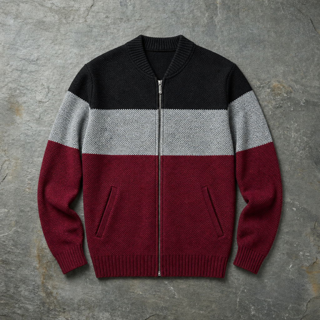 Gordes Striped Zip Cardigan in Wine Red