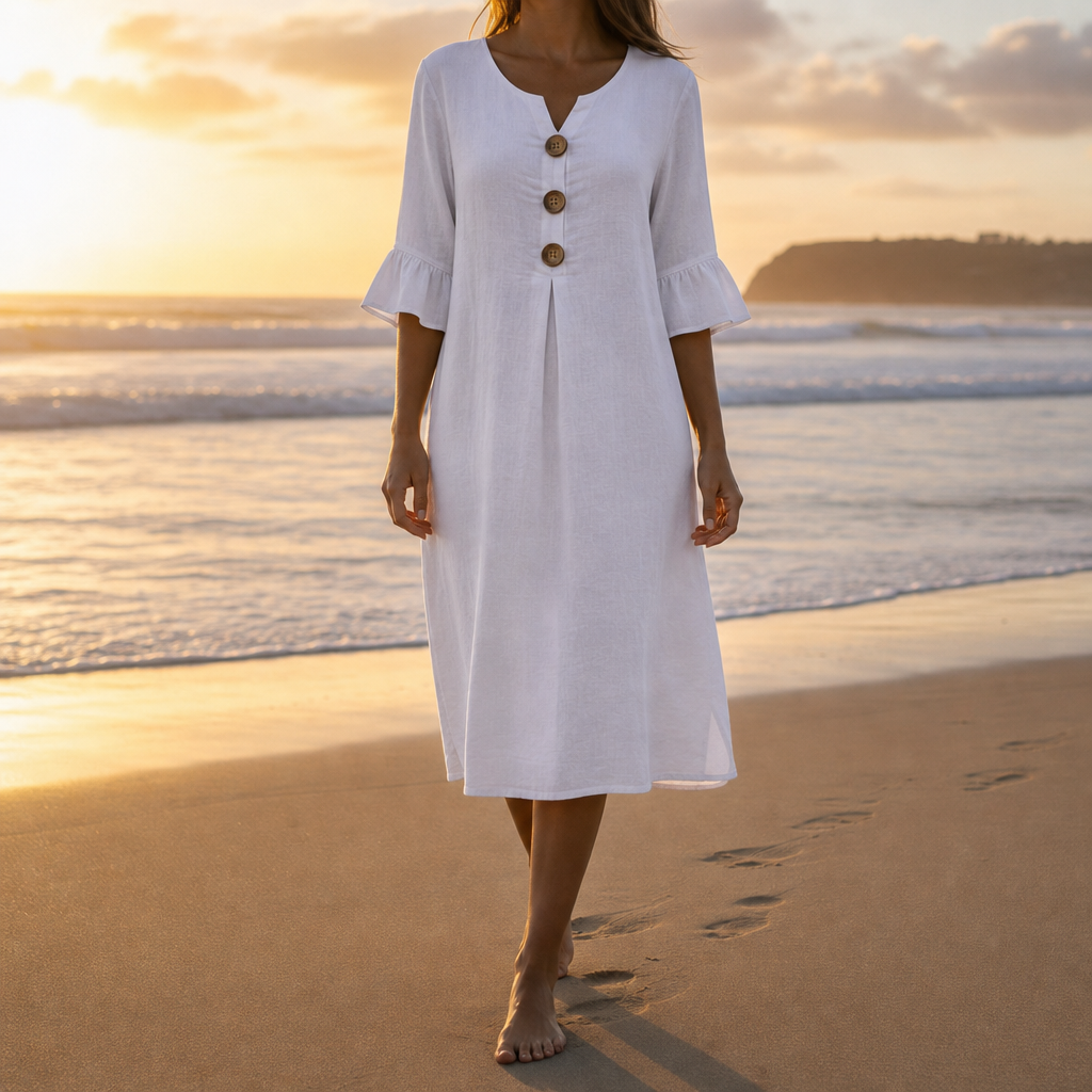 Calvi Button Front Midi Dress in White