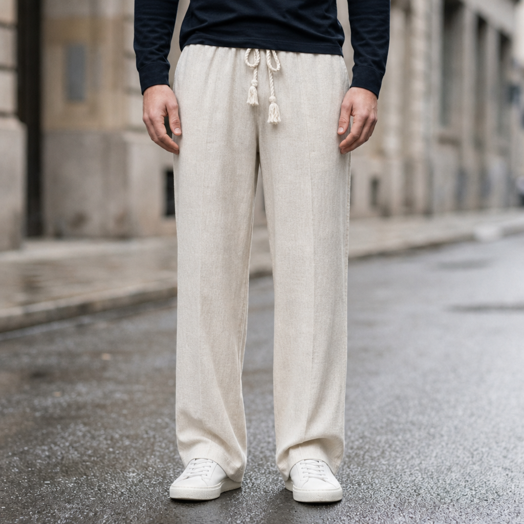 Uzes Linen Drawstring Trousers in Beige