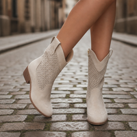 Tinos Perforated Western Cowboy Boots in Beige