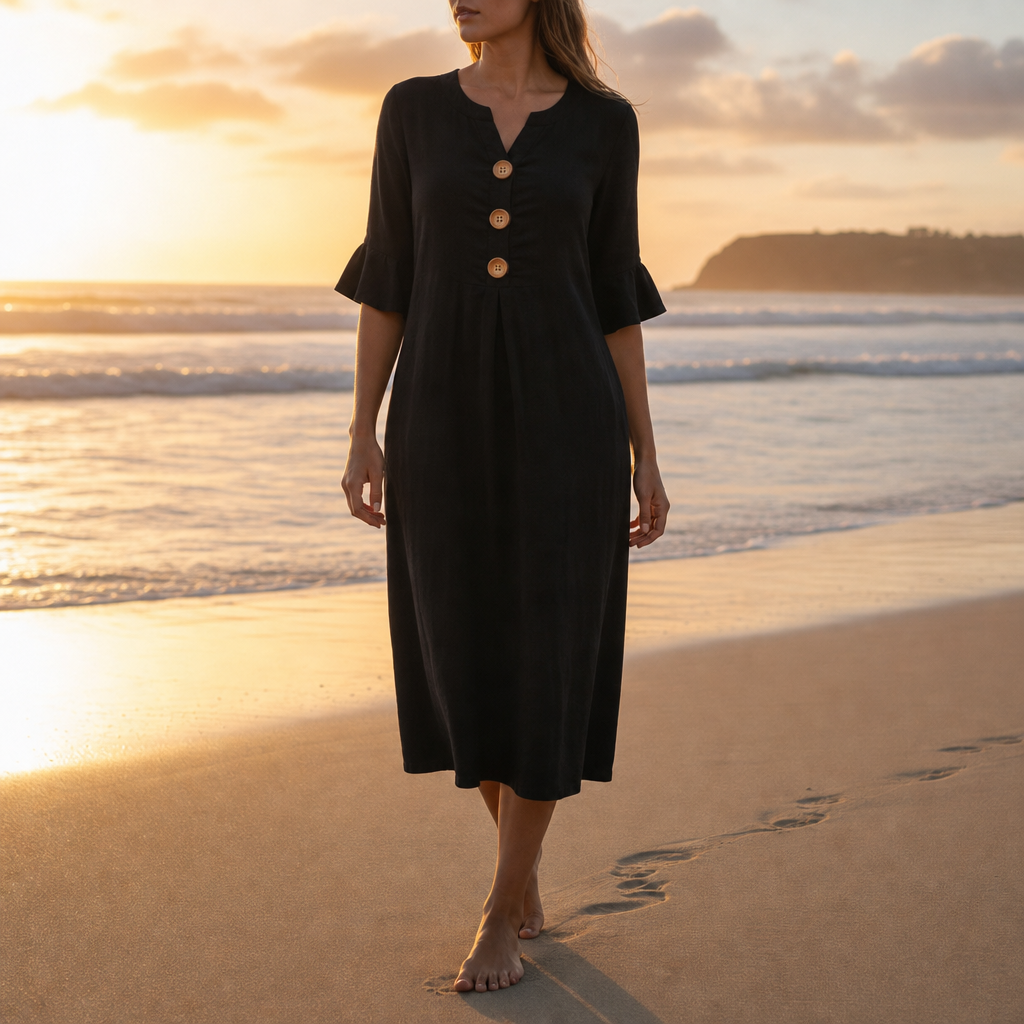 Calvi Button Front Midi Dress in Black