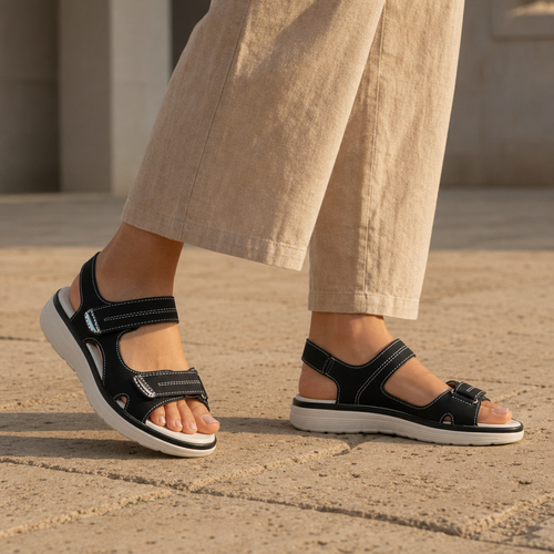 Albufeira Orthopedic Hook-Strap Sandals in Black