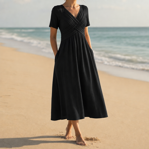 Ajaccio Ruched V-Neck Midi Dress in Black