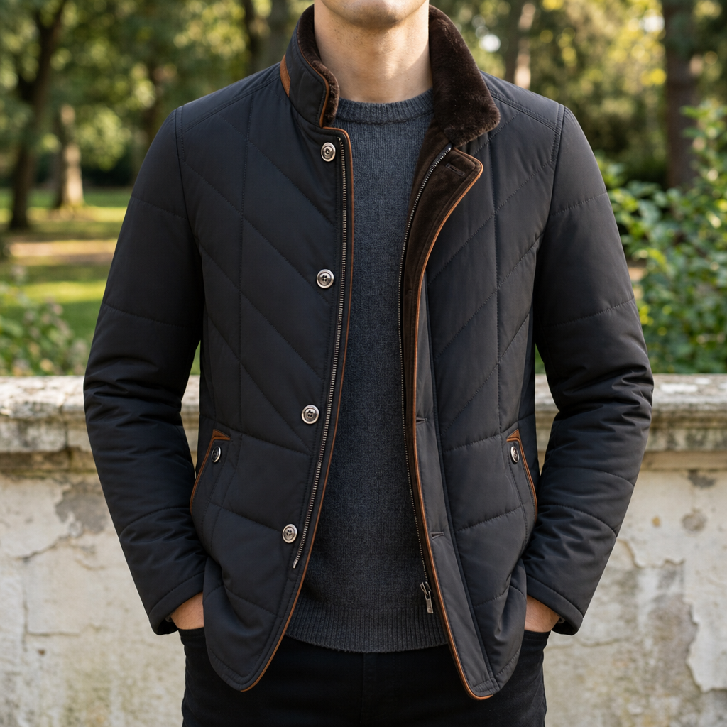 Amorgos Quilted Fur Collar Coat in Black