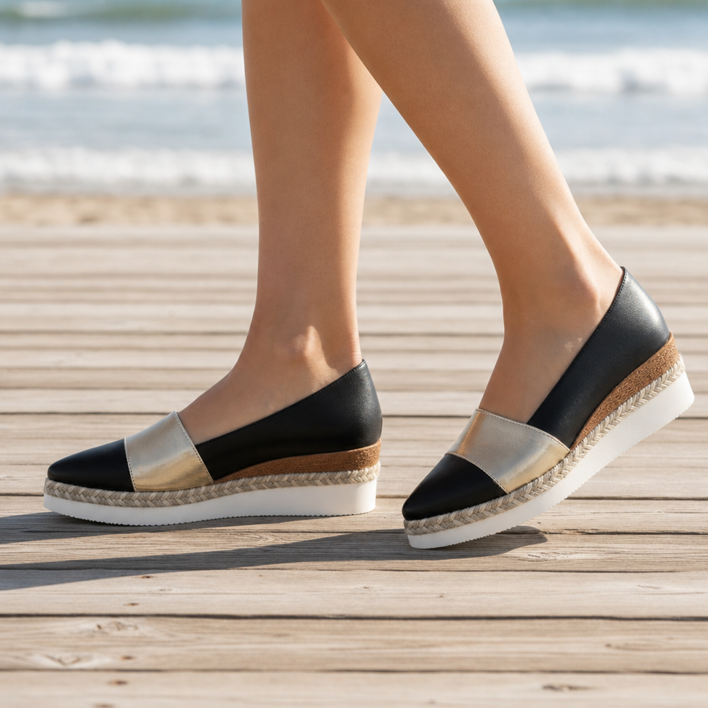 Volterra Metallic Espadrille Wedge Loafers in Black