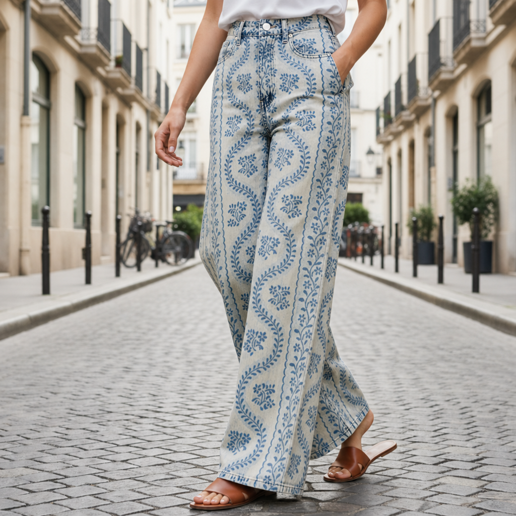 Comino Floral Wide-Leg Jeans in Blue Patterned