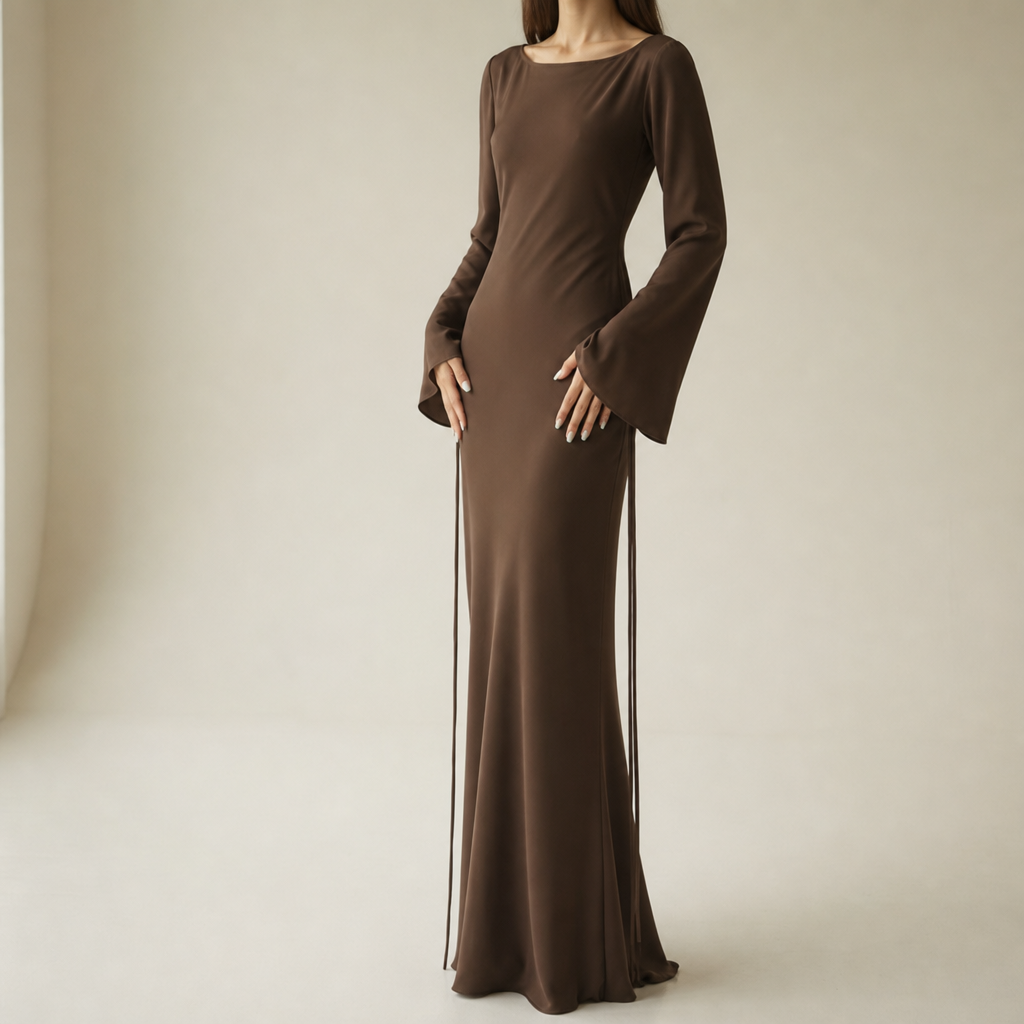 Mljet Satin Flare Sleeve Gown in Brown