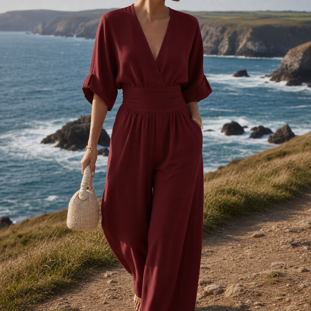 Zakynthos V-Neck Wide-Leg Jumpsuit in Burgundy